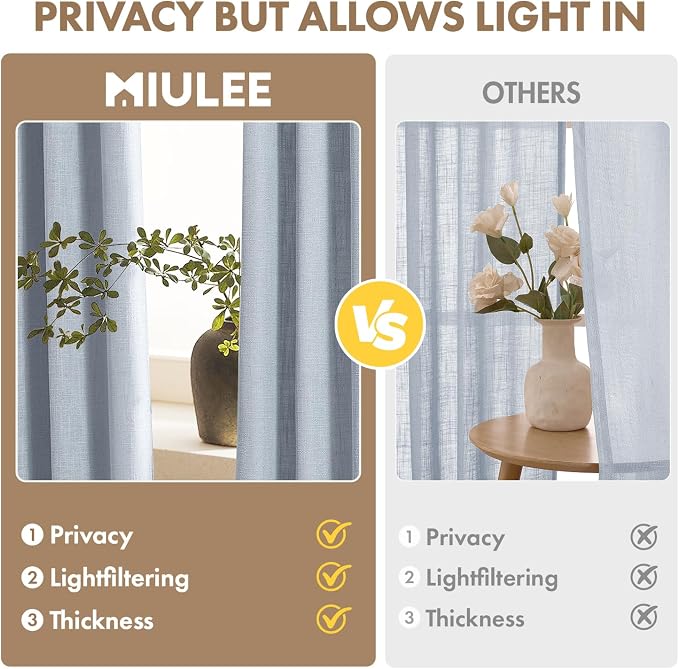 MIULEE Thick Linen Curtains, 42Wx90L, Light Blue Semi Sheer Linen Textured | Light Filtering Window Privacy Drapes with Back Tab Rod Pocket for Farmhouse/Living Room/Bedroom, Set of 2