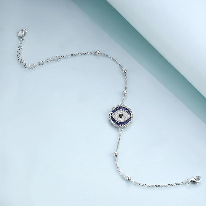 Blue Evil Eye Anklet Greek Evil Eye Anklet Bracelet Adjustable Ojo Turco Kabbalah Amulet Nazar Layered Silver Ankle Bracelets Protection Jewelry Amulet Gift for Wife Mother Sister Birthday