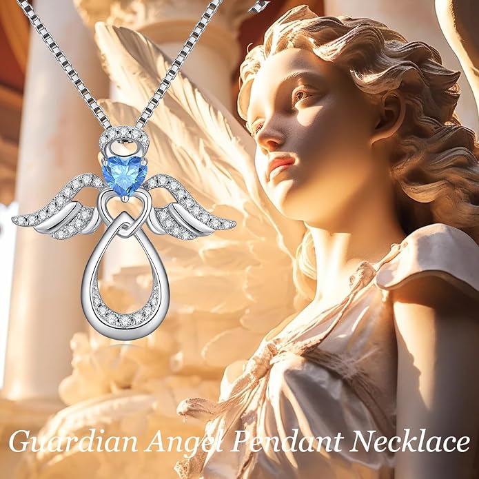925 Sterling Silver Guardian Angel Pendant Necklace for Women with Birthstone Cubic Zirconia Little Angel Pendant Necklace Jewelry 18 inch Chain