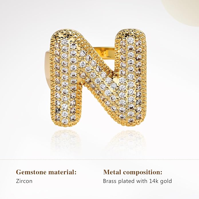 Cicy Bell Initial Rings for Women 14k Gold Plated Cubic Zirconia Delicate Letter Chunky Statement Open Rings Gifts for Her