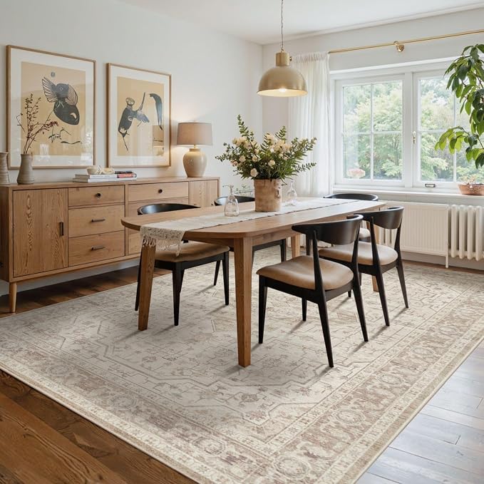 Rugxara 6x9 Washable Area Rug for Living Room, Vintage Neutral Large Boho Rugs for Office, Dining Room, Kids Room, Farmhouse, Durable Low Pile Non Slip Carpet for High Traffic Areas, Cream