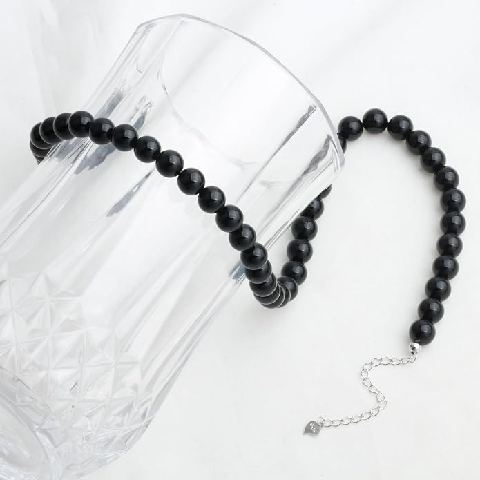 Kakikaki Natural Agate Choker Necklace Sterling Silver Round Beads Strand Necklace for Women