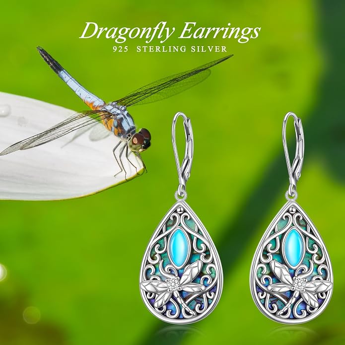 Dragonfly Filigree Earrings 925 Sterling Silver Created Abalone Shell Moonstone Teardrop Dangle Jewelry Birthday Mother’s Day Gifts for Women