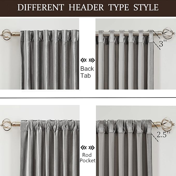 100% Full Blackout Silver Grey Velvet Curtains 120 inch Long for Living Room,Set of 2 Panels Liner Rod Pocket Back Tab Thermal Window Curtains Room Darkening Heavy Decorative Drapes for Bedroom