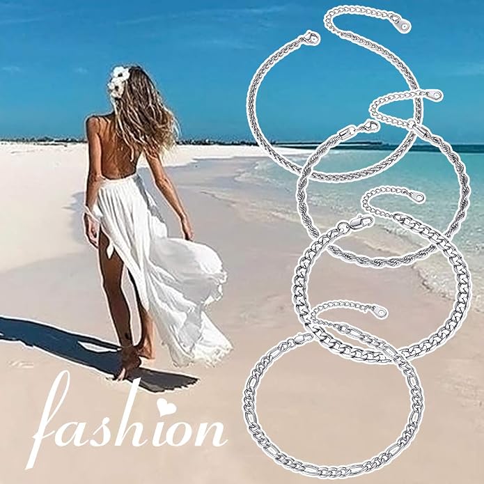 GoldChic Adjustbale Link Chain Anklet for Women Summer Jewelry, 316L Stainless Steel Figaro/Wheat/Twist Rope/Cuban Foot Bracelet-Waterproof, Resizable 9"-12" (Gift Box Included)