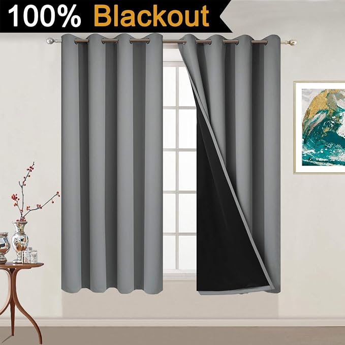 Yakamok Grey Blackout Curtains 54 Inches Long for Bedroom 52" Wide 2 Pcs | Blackout Curtain Panels for Bedroom, 2 Thick Layers Grommet Top Thermal Insulated Drapes with Black Liner for Living Room