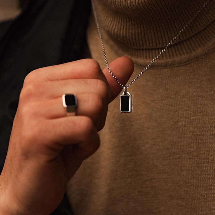 Forge & Foundry Men's Minimalist Stainless Steel and Solid Onyx Inlay Pendant | 21 Inch Rolo Chain | Design-Led Artisan Jewelry, from London