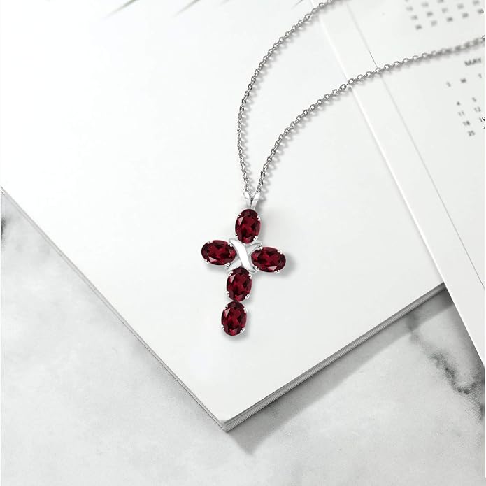 Gem Stone King Cross Pendant Necklace for Women | 925 Sterling Silver | 6X4MM Gemstone Birthstone | Jesus Christian Religious Crucifix Jewelry Gifts | 18 Inch Chain