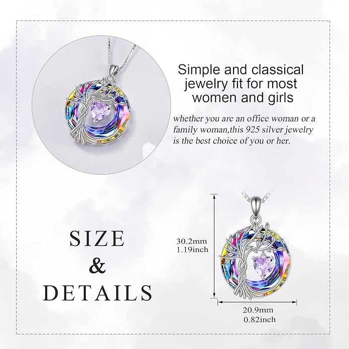 POPLYKE Mothers Day Gifts for Mom Her Wife Tree of Life Necklace 925 Sterling Silver Birthstone Pendant with Crystal Anniversary Birthday Wedding Jewelry for Women