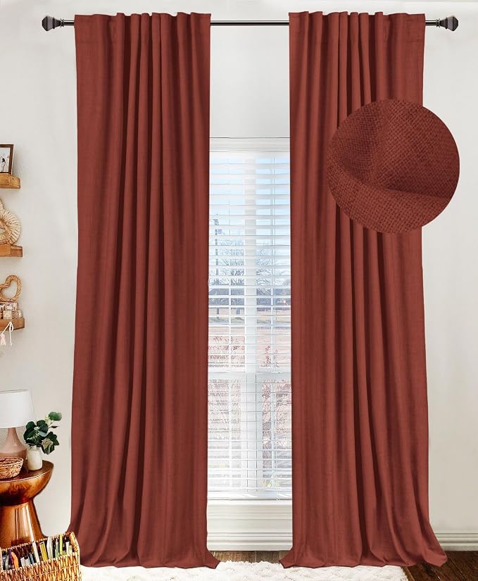 100% Blackout Shield Linen Blackout Curtains for Bedroom 96 Inches Long, Back Tab/Rod Pocket Living Room Drapes, Thermal Insulated Blackout Curtains 2 Panels Set, 50" W x 96" L, Terracotta