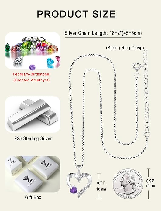 YL Heart Necklace 925 Sterling Silver Love Heart Pendant Birthstone Jewelry for Women
