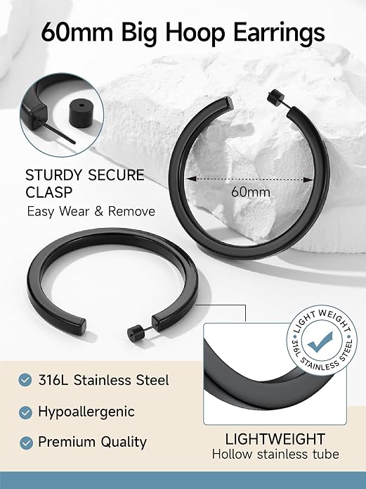 Stainless Steel Chunky Hoop Earrings For Women, Minimalist and Chic, Black/Gold Plated, Round Hoops Earrings Hypoallergenic, Size: 30mm/40mm/60mm/80mm, Come with Box
