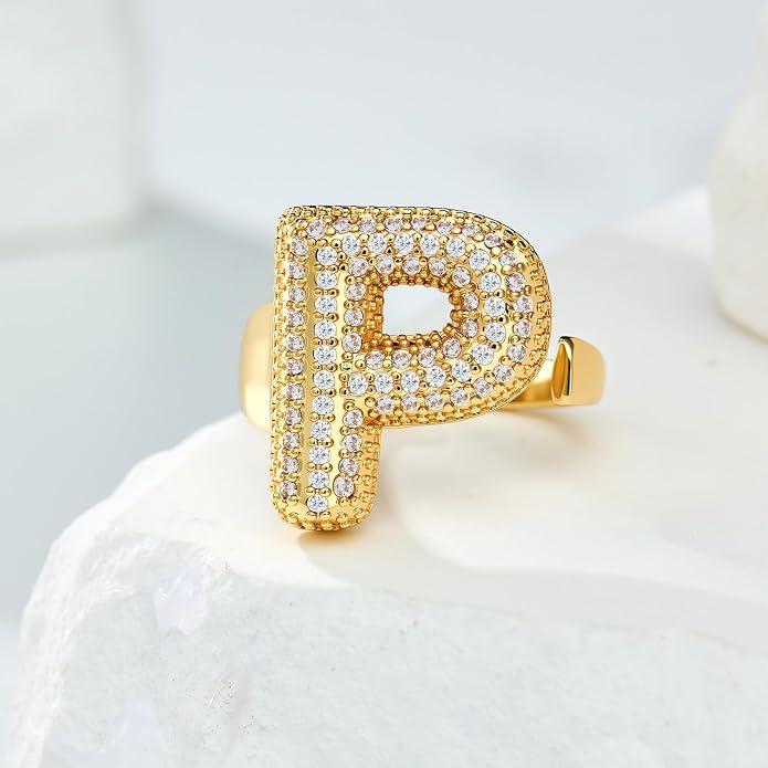 Cicy Bell Initial Rings for Women 14k Gold Plated Cubic Zirconia Delicate Letter Chunky Statement Open Rings Gifts for Her