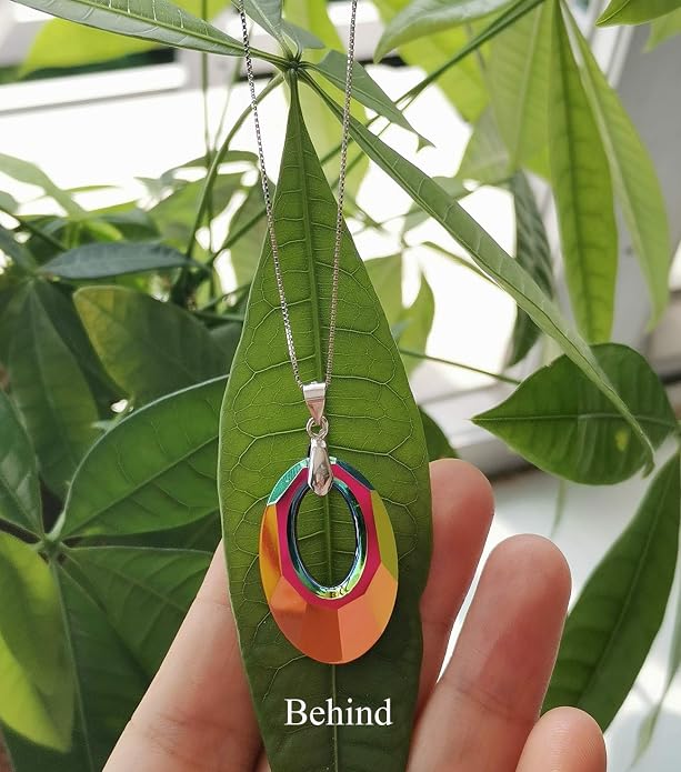H ermosa 925 Sterling Silver Necklace for Women Austria Crystals Oval Shape Pendant Necklace Hypoallergenic Jewelry Gift Birthday Gift (A Rainbow Crystal Necklace)