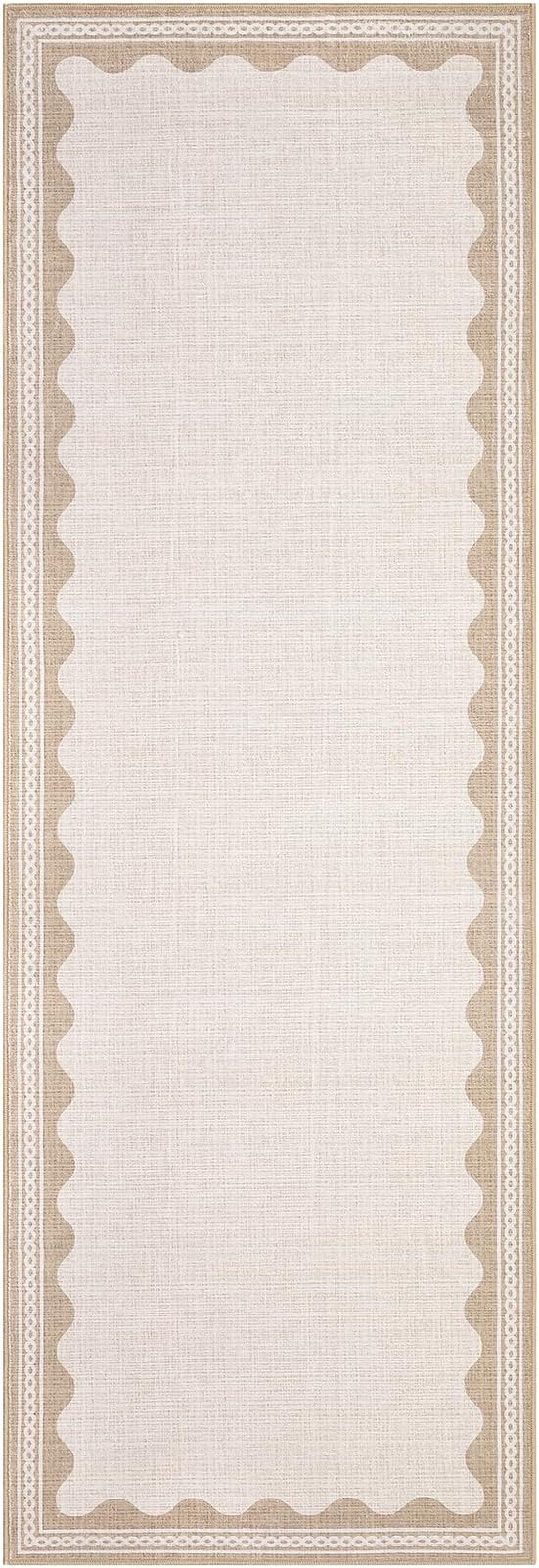 GarveeHome Scalloped 2x6 Runner Rug for Hallway Washable Kitchen Rugs Non Slip Solid Beige Modern Soft Low-Pile Indoor Carpet for Entryway Laundry Room Floor Mats