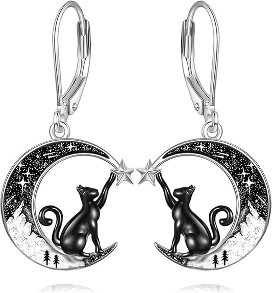 Black Cat/4th of July/Bat/Spider/Pumpkin/Wolf/Bunny/Sun and Moon/Turtle/Raven 925 Sterling Silver Leverback Dangle Earrings Moon Gothic Christmas Earrings Jewelry Gift for Women
