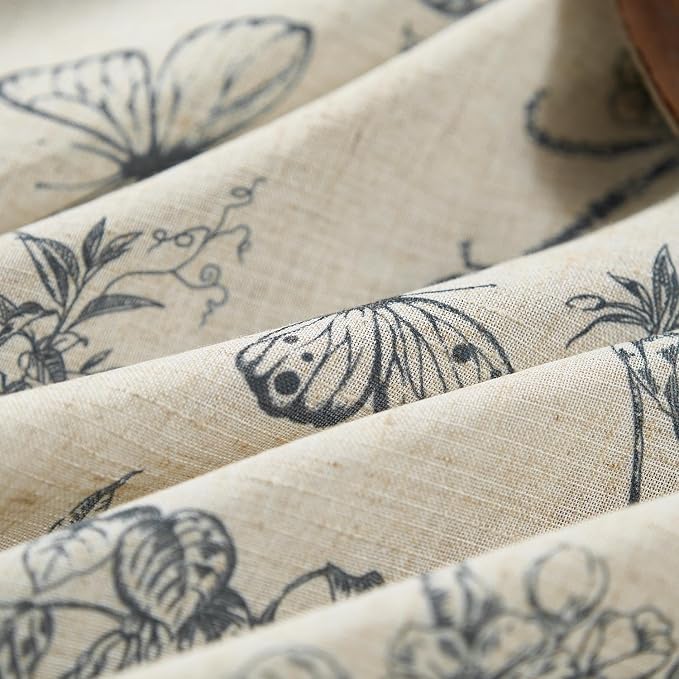 Lazzzy Charlotte Linen Blue Floral Curtains 90 Inch Length Farmhouse Curtain Back Tab Drapes for Living Room Bedroom Light Filtering Vintage Rod Pocket Curtains, 2 Panels, Blue on Beige