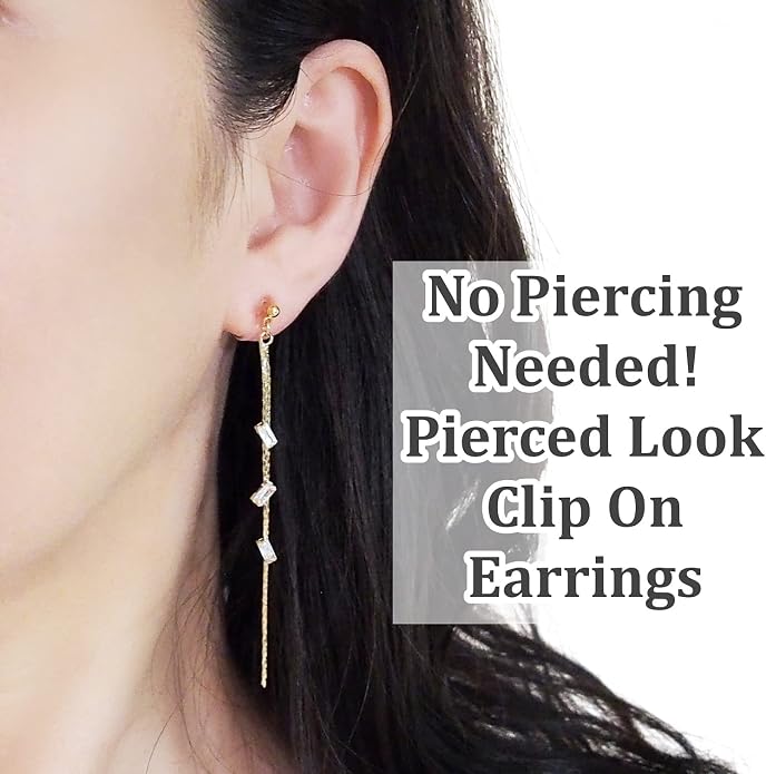 Comfortable Stick Invisible Clip On Earrings Gold Dangle Long Waved Threader Bar Clip-On Non Pierced Earrings Silver For Women,…
