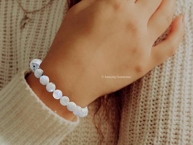 Amazing Gemstone Rainbow Moonstone Bracelet for Women Men's Gifts - Rainbow Moonstone Protection Healing Crystal Bracelet - 8mm Beaded Adjustable Pulseras para Hombres Mujer Stocking Stuffers