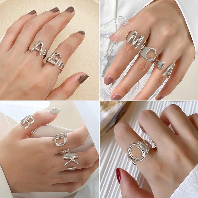 KeyStyle Bold Initial Letter Rings Adjustable, GoldChic Jewelry Women Gold Statement Ring Personalized Engraved Women’s Open Signet Ring for Party (Gold, White Gold, Black)