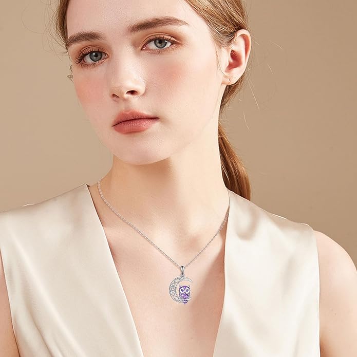 Owl Birthstone Necklace Sterling Silver Celtic Moon Pendant Cubic Zirconia Owls Jewelry Birthday Gifts for Women Men