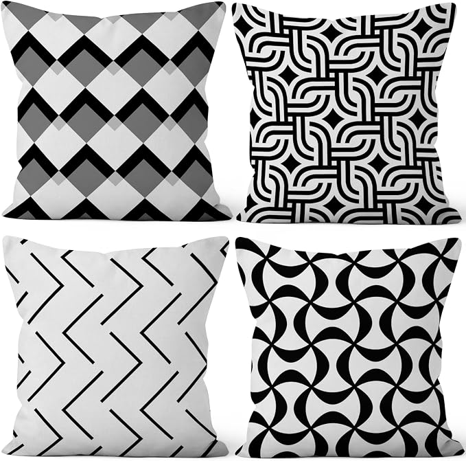 Black White Throw Pillow Cover 20"x20" Set of 4, Modern Art Irregular Geometric Stripes Patterns Cushion Cover for Sofa Chair Couch Bed Office Garden Patio Farmhouse Indoor Outdoor