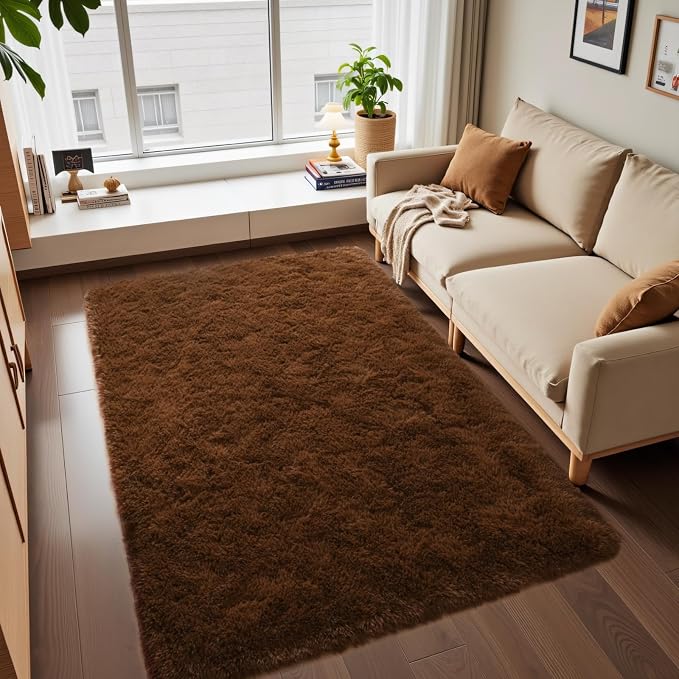 Macgace Fluffy Area Rugs for Bedroom Decor Aesthetic, 3x5 Brown Shag Rug with Non-Slip Dots for Living Room, Furry Plush Mat Washable Fuzzy Carpet Modern Home Decor for Kids Nursery Teens Room