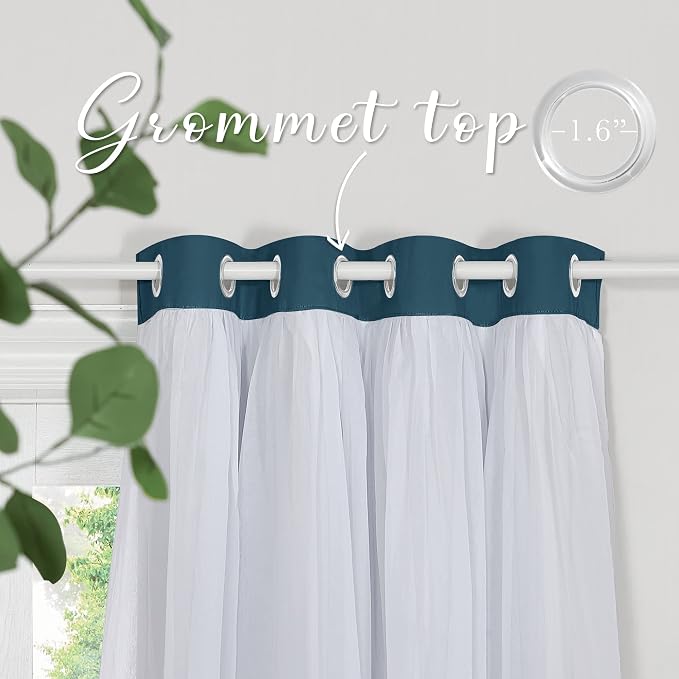 PONY DANCE 2 Layers Curtains Set - Room Darkening Mix & Match Room Darkening Curtains with White Sheer Voile, 52" Wide and 84" Long, Ink Blue, 2 Panels