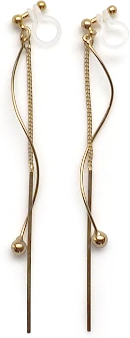 Comfortable Stick Invisible Clip On Earrings Gold Dangle Long Waved Threader Bar Clip-On Non Pierced Earrings Silver For Women,…