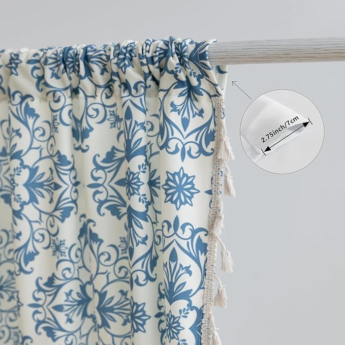 Blue Floral Curtains 63 Inches Long, Boho Farmhouse Light Filtering Rod Pocket Drapes with Tassel Trim for Bedroom Living Room, 2 Panels