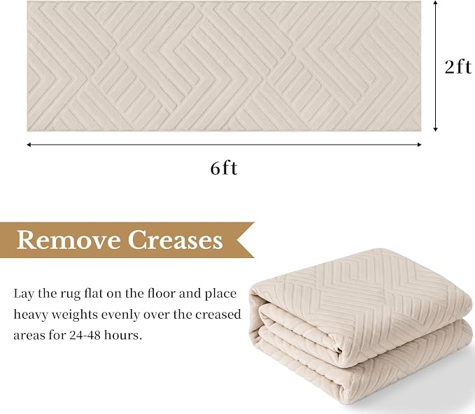 Bsmathom 2x6 Washable Area Rug, Boho Neutral Modern Soft Carpet Mat, Beige | Machine Washable, Low Pile Fluffy Plush, Non-slip, Geometric Textured, For Living Dining Kids Room Bedroom Indoor Dorm