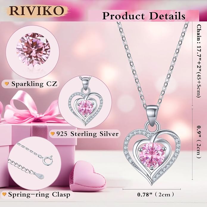 RIVIKO Heart Birthstone Pendant Necklace for Women 925 Sterling Silver Zirconia Necklaces Valentine's Day Anniversary Birthday Mothers Day Jewelry Gifts For Her Mother Wife