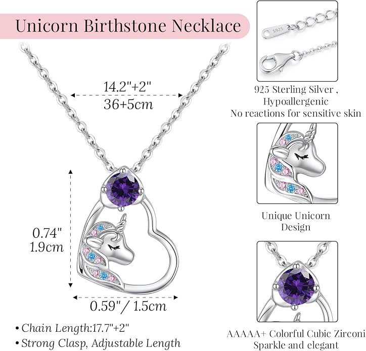 CDE Christmas Gift for women Cute Unicorn Birthstone Necklace for Girls Daughter 925 Sterling Silver Opal Heart Pendant Graduation Birthday Christmas Jewelry Gift for Teenage Girls Niece