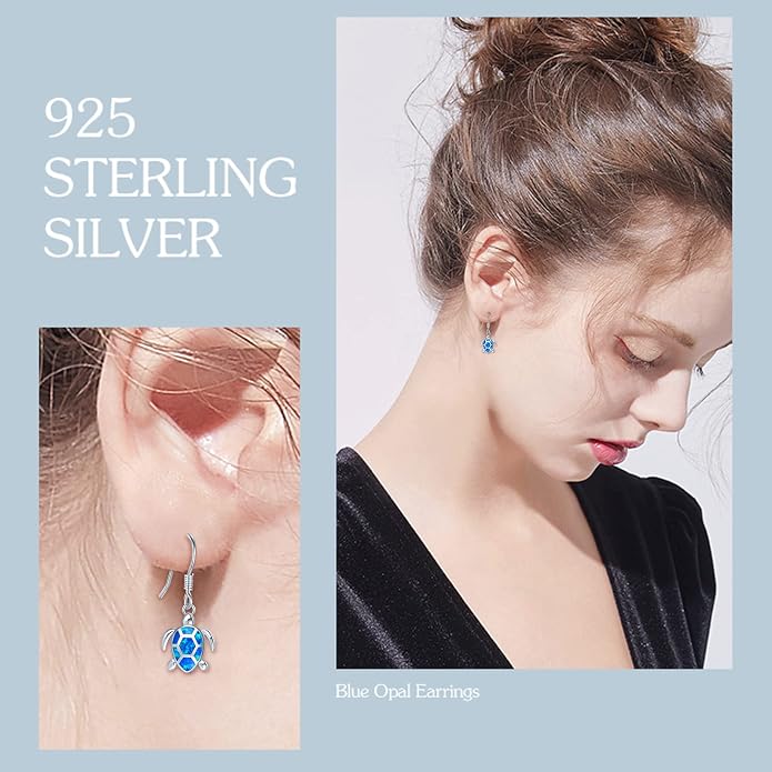 Sea Turtle Earrings,Sterling Silver Hawaiian Beach Themed Stud Earrings Tortoise Animals Drop Dangle Blue Opal Ocean Tarnish Resistant Jewelry Gifts for Women Girlfriend Mom Mother Sister
