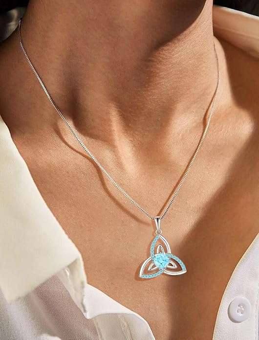 Celtic Birthstone Necklace for Women 925 Sterling Silver Trinity Knot Triquetra Crystal Pendant