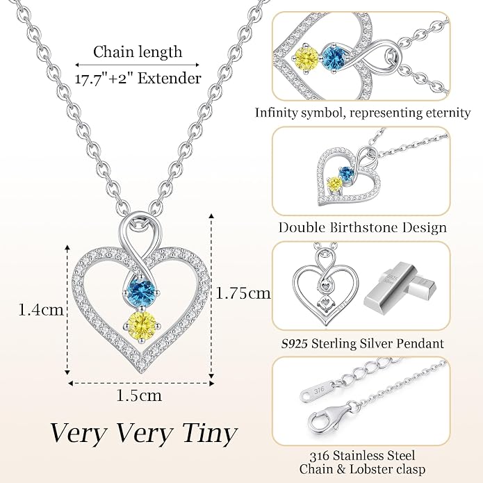 LOUISA SECRET Double Birthstone Necklaces for Women, 925 Sterling Silver Infinity Love Heart Pendant Necklace for Her, Birthday Anniversary Valentine's Day, Christmas, Wedding, Graduation Gift for Her, Personalized Gifts, Jewelry Gifts for Wife Mom Gir...