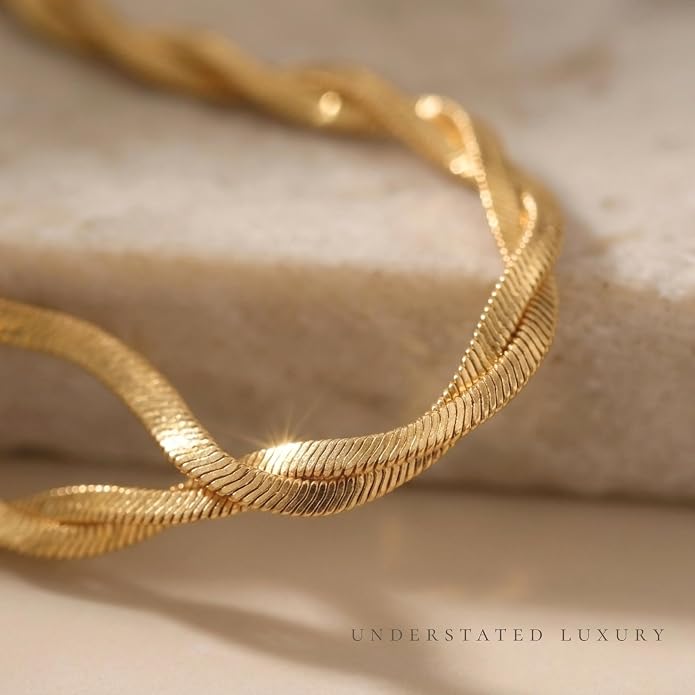 Twisted Gold Herringbone Necklace for Women – Waterproof 18K Gold Plated Stainless Steel, Minimalist Adjustable Chain