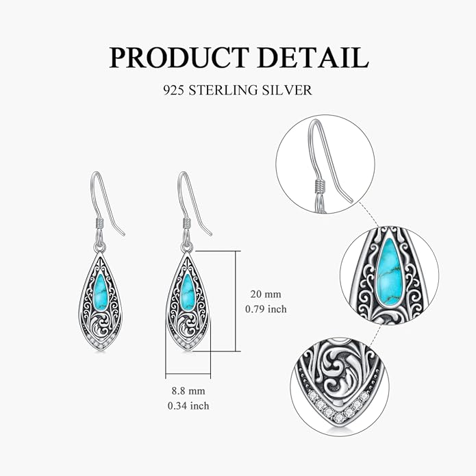 PROESS Moonstone Turquoise Malachite Dangle/Hoop Earrings 925 Sterling Silver Infinity/Wave/Celtic Knot/Clover Filigree Teardrop Earrings Jewelry Presents for Women