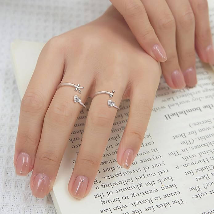 MILACOLATO 925 Sterling Silver Initial Rings for Women Teen Girl 18K Gold Plated Heart Initial Rings Adjustable Capital Letter Ring Stackable Thumb Pinky Rings for Daughter Birthday Bridesmaid Gifts Jewelry, A to Z