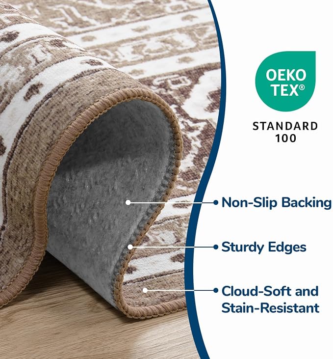 Lessymo 6 x 9 Area Rugs for Living Room, Machine Washable Area Rugs Boho Faux Wool Low Pile Area Rug for Bedroom, Floral Medallion Vintage Rugs with Non-Slip Rubber, Kid & Pet Friendly,Brown White