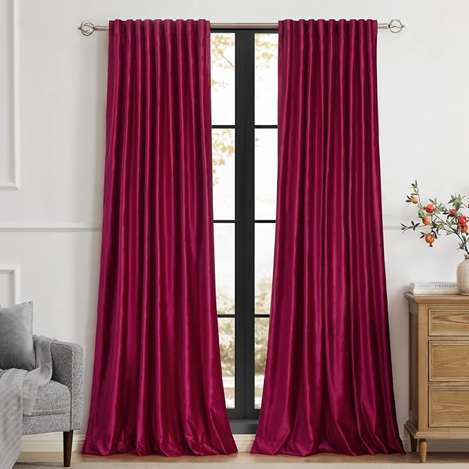 PRIMROSE Red Curtains 102 inch for Living Room Velvet Drapes Blackout Rod Pocket Back Tab Window Treatment Semi Room Darkening Decor Curtains for Bedroom Set of 2 Panels