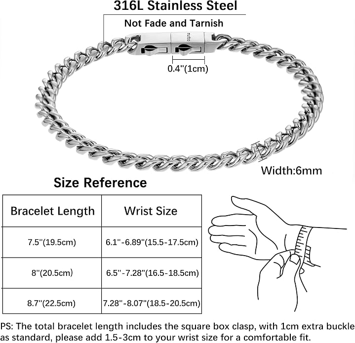 murtoo Mens Cuban Link Chain Bracelet, 6/8/12MM Stainless Steel Bracelets for Men Silver Black Gold, Hip Hop Link Bracelet with Detachable Clasp Gift for Men Him