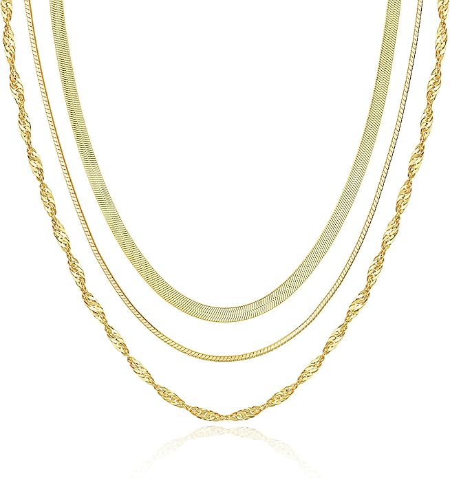 Tewiky Layered Necklaces for Women Non Tarnish- Chunky 14k Gold Plated Herringbone/Snake/Rope/Box/Cuban Link Chain for Women Waterproof Layering Stack Choker Necklace Trendy Dainty Tarnish Free Jewelry Set