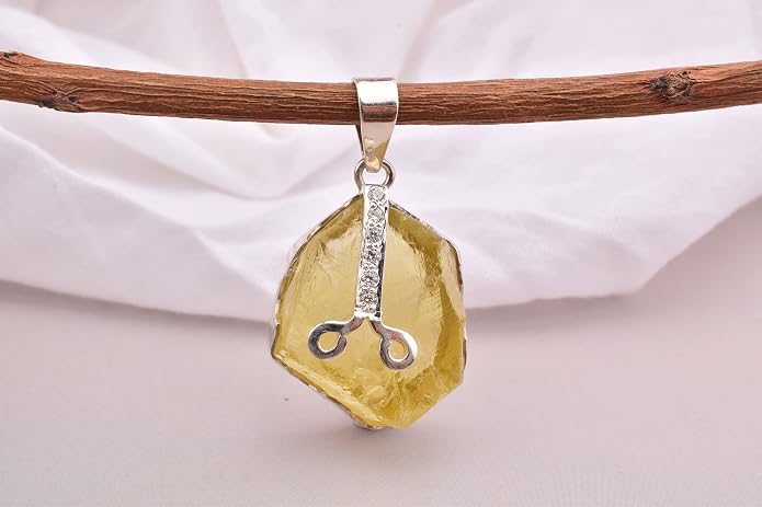 Natural Raw Lemon Quartz Stone Rough Crystal Gemstone Dainty Women Pendant Necklace, Chakra Healing Crystals, Birthstone, Gift, Rhodium Plated 925 Sterling Silver Chain 18 inch