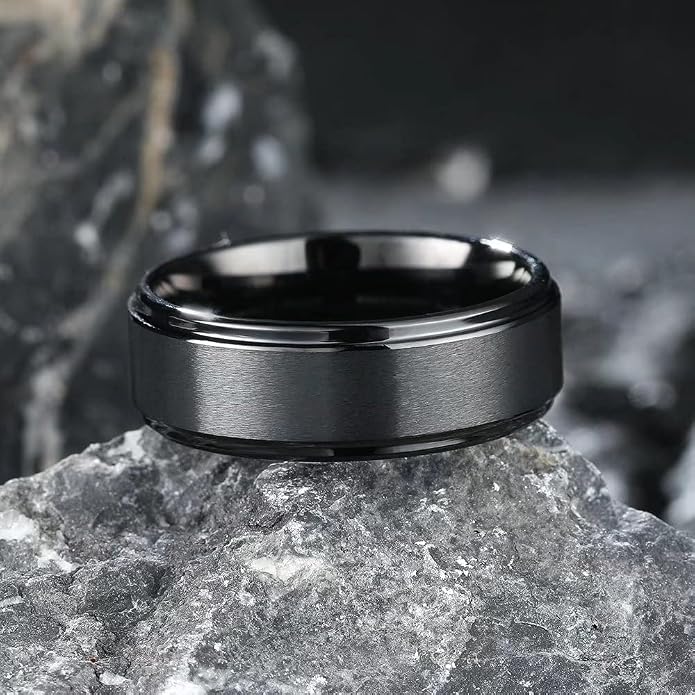 King Will 8mm Black Silver Mens Polished Tungsten Wedding Rings High Polish Surface Wedding Band Blue Silver Step Edge Comfort Fit