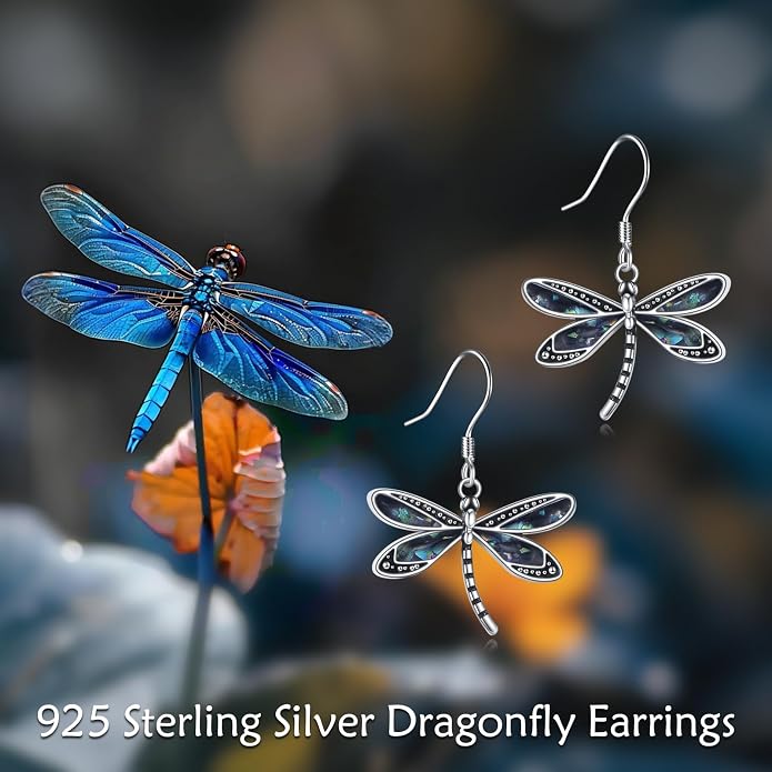 Dragonfly Earrings Sterling Silver Abalone Shell Dragonfly Dangle Drop Earrings Jewelry Gifts for Women