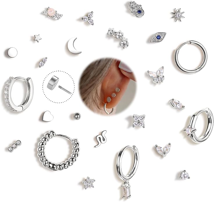 KRFY 25Pcs/17 Pairs Hypoallergenic Surgical Steel Earrings for Sensitive Ears 14K Gold Plated Flat Back Cartilage Earrings for Women Men Screw Back Flatback Stud Hoop Earring Set for Multiple Piercing