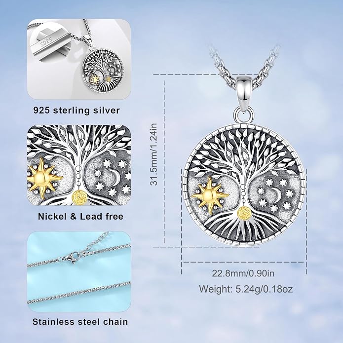 AEONSLOVE Tree of Life Necklace 925 Sterling Silver, Family Tree of Life Pendants Jewelry Gifts for Women Wife Mother, 18 Inch Chain
