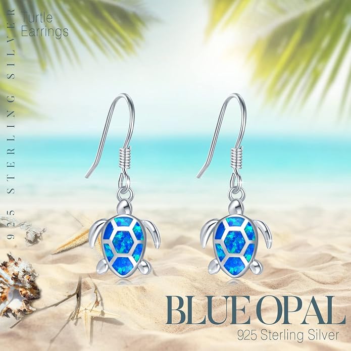 Sea Turtle Earrings,Sterling Silver Hawaiian Beach Themed Stud Earrings Tortoise Animals Drop Dangle Blue Opal Ocean Tarnish Resistant Jewelry Gifts for Women Girlfriend Mom Mother Sister