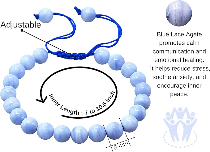 Amazing Gemstone Blue Lace Agate Bracelet for Women Men's Gifts - Protection Healing Crystal Bracelet - 8mm Gemstone Beaded Adjustable Bracelet Pulseras para Hombres Mujer Stocking Stuffers
